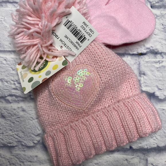 Little Me Sequin Heart Pom Pom Hat and Mitten Set in Pink - Picture 2 of 6